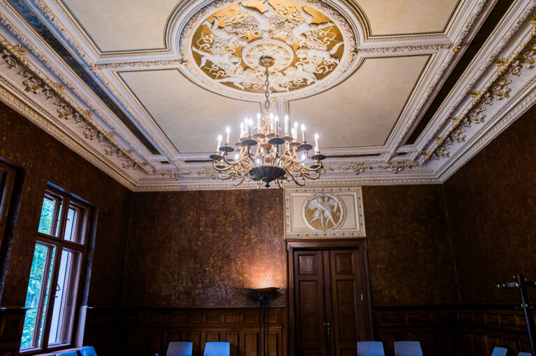 Eleganter Raum mit verzierter Decke, Kronleuchter, Holzvertäfelung und darunter angeordneten Stuhlreihen - ein idealer Rahmen für ein Standesamt oder eine Freie Trauung in der von Ihnen gewählten Trauform.